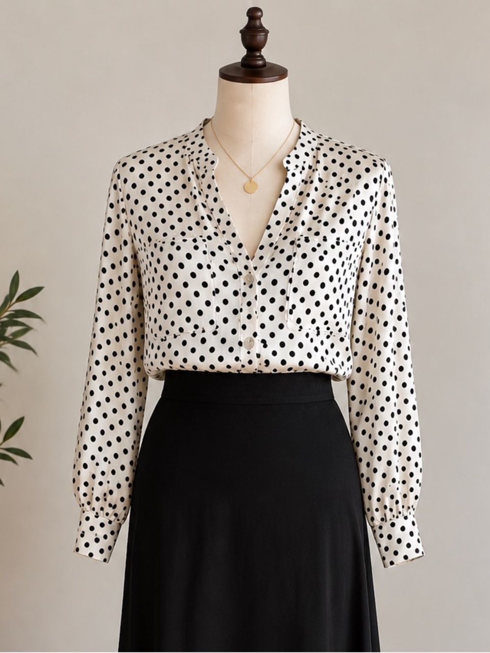 Zara Ivory Black Polka Dot Satin Blouse L Office Siren Parisian Chic